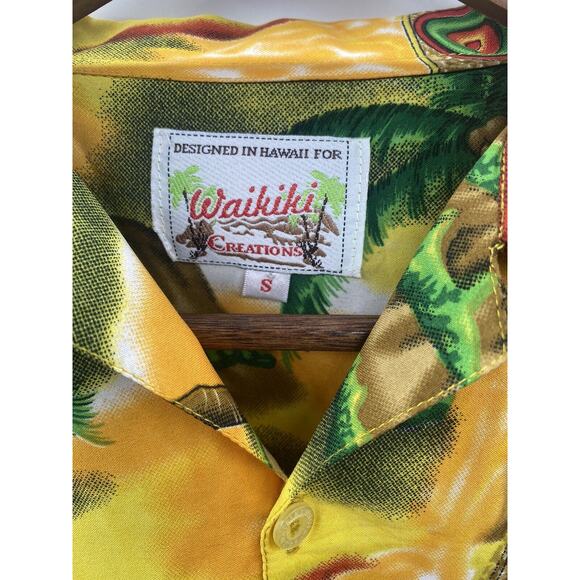 Waikiki Creations Hawaiin Shirt Palm Surfboard Woody Plane Mens S Small Yellow - Picture 2 of 6